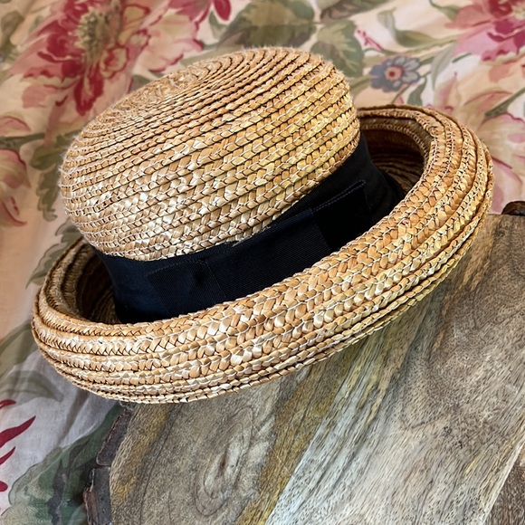 SUNDANCE Woven Straw Hat Curled Brim Black Gross-grain Ribbon Vtg Vibe Feminine - Picture 2 of 16